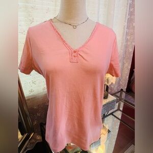 Basic Editions Pink V-Neck Short Sleeve Top with Lace Trim